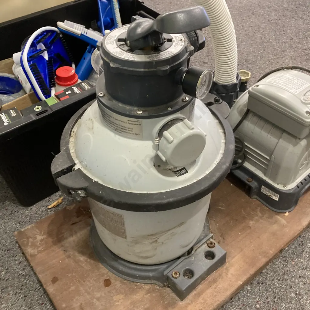 Intex Sand filter Pump Model SF90220T (Been Sitting For 12mths) 2 Bins of Assorted Hoses, Vacuum Heads, Chemicals Etc Image 1++
