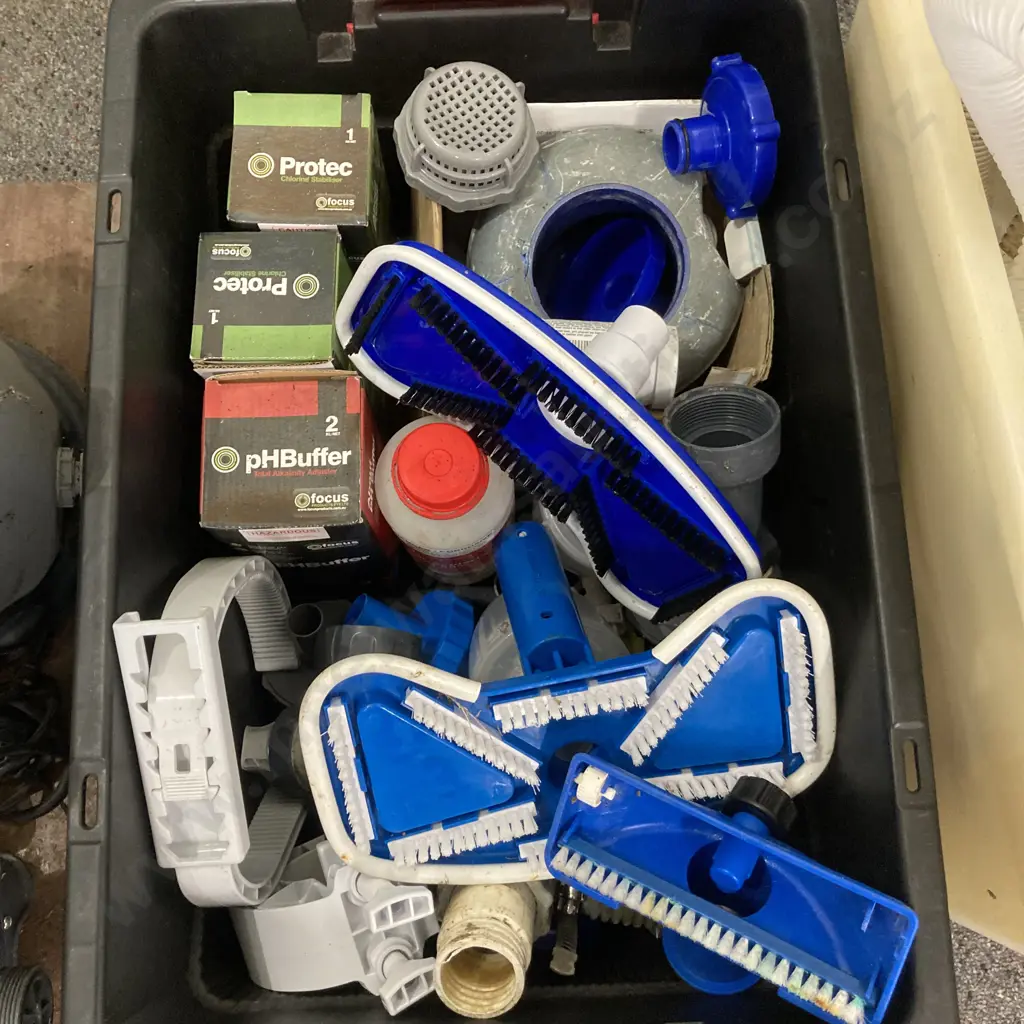 Intex Sand filter Pump Model SF90220T (Been Sitting For 12mths) 2 Bins of Assorted Hoses, Vacuum Heads, Chemicals Etc Image 1++