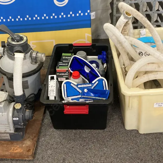Intex Sand filter Pump Model SF90220T (Been Sitting For 12mths) 2 Bins of Assorted Hoses, Vacuum Heads, Chemicals Etc