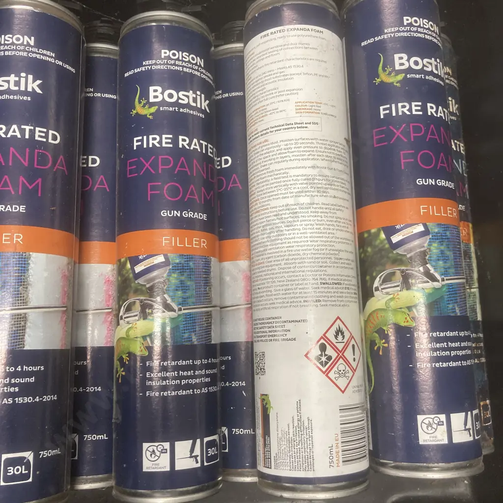 Black Bin of 9 x 750ml Cartridges of Bostik Fire Rated Expanda Foam Gun Grade Filler Image 1++