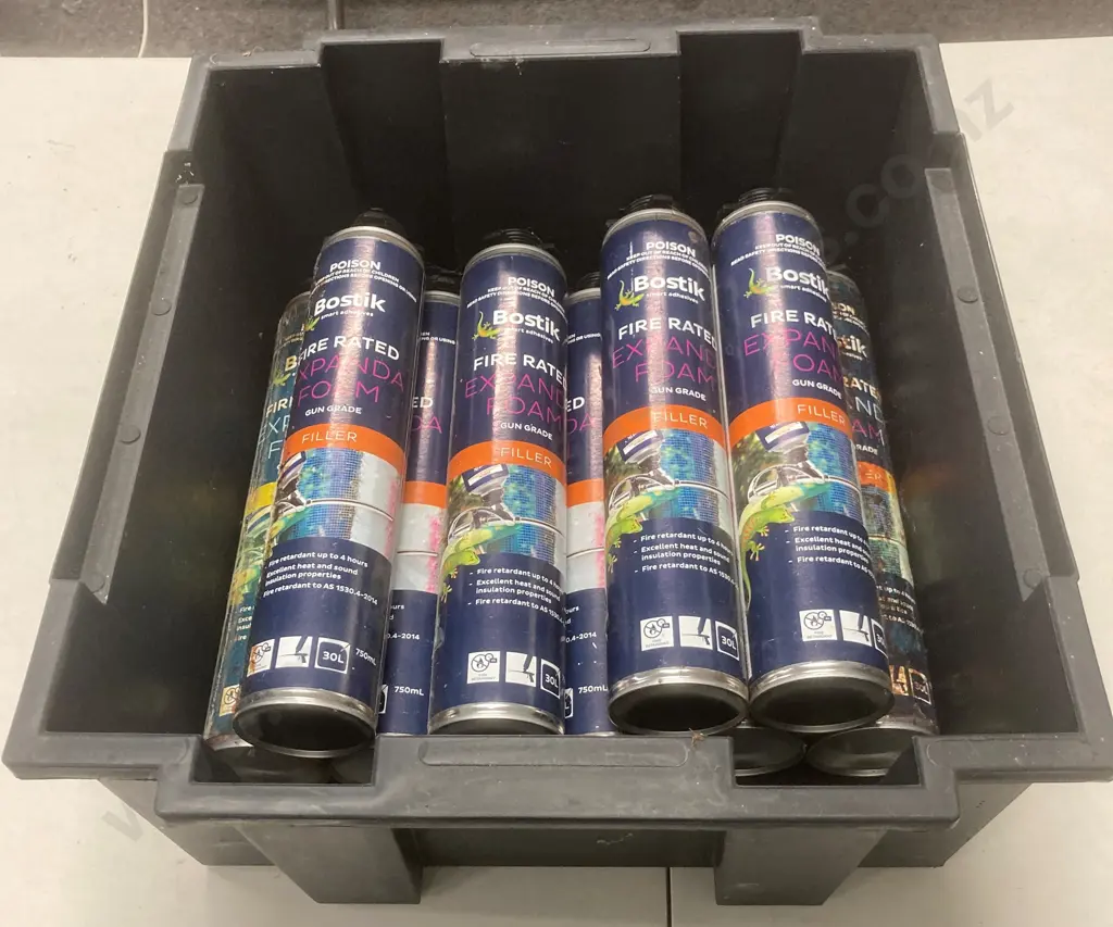 Black Bin of 9 x 750ml Cartridges of Bostik Fire Rated Expanda Foam Gun Grade Filler Image 1++