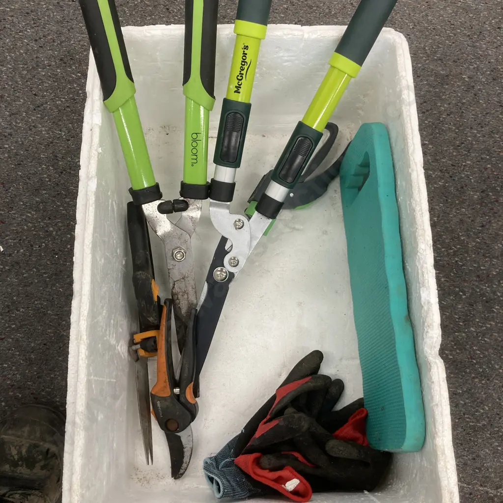 Box Lot Gardening Tools, Gloves Etc Image 1++