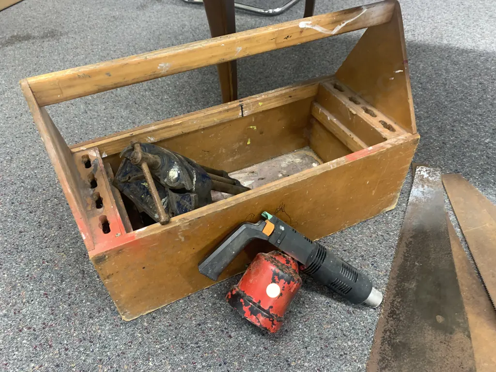 Vintage Wooden Tool Caddy With Assorted Handsaws, Vice (af) Etc Image 1++