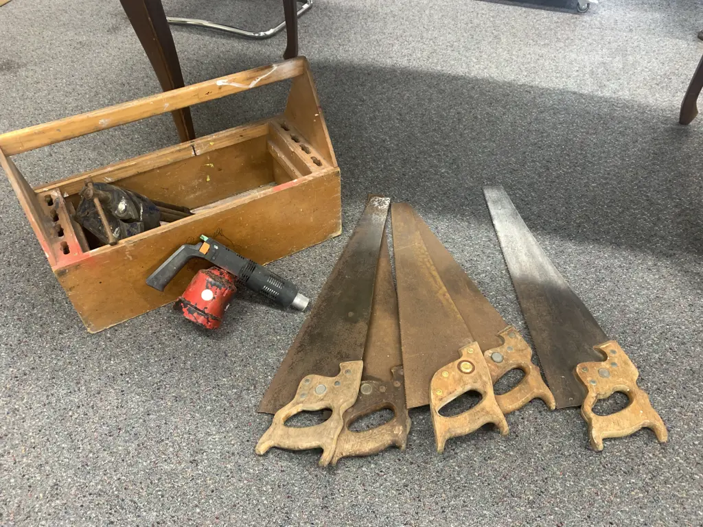Vintage Wooden Tool Caddy With Assorted Handsaws, Vice (af) Etc Image 1++