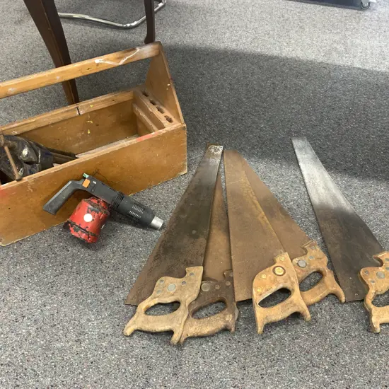 Vintage Wooden Tool Caddy With Assorted Handsaws, Vice (af) Etc