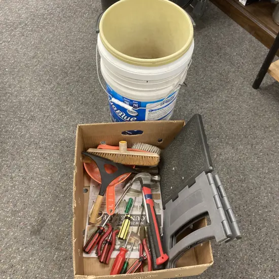 Box Lot Tools, Foldup Stool, Buckets Etc