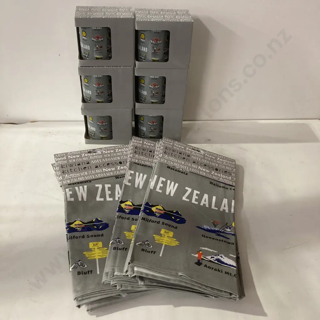 New Zealand Kiwiana Hansen & Berry Ltd Set of 10 Tea Towels & 6 Mugs Image 1++