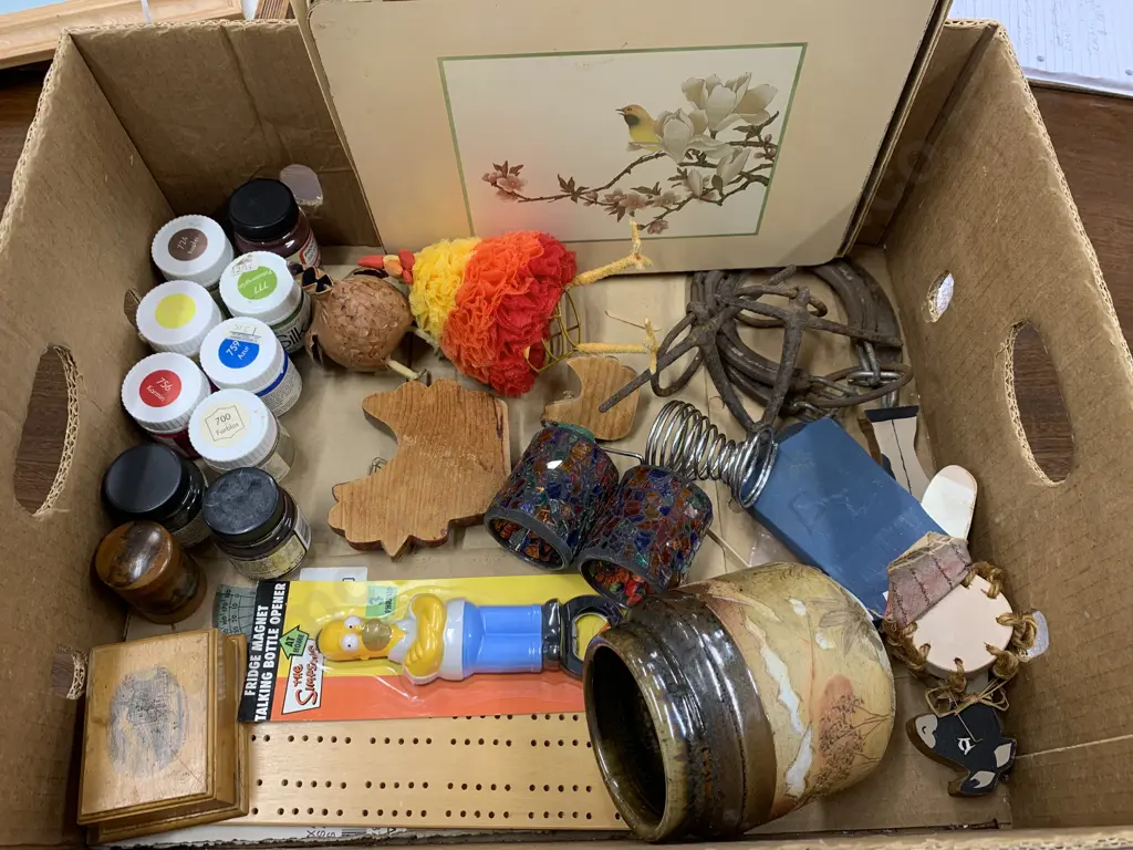 Box lot Vintage Items, Placemats, Paints, Wooden Ware Etc Image 1++