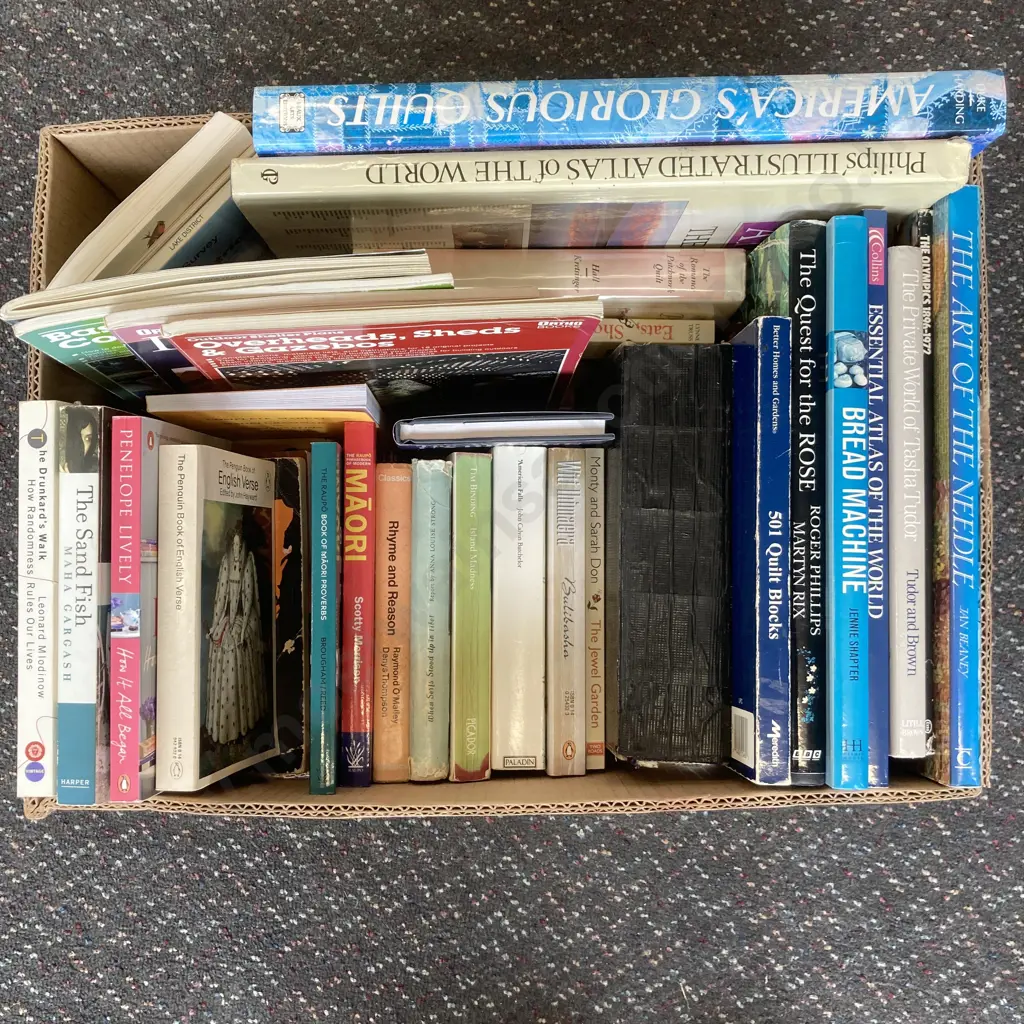 Box Lot Books, Quilts, Atlas, Novels, Self Help Etc Image 1++
