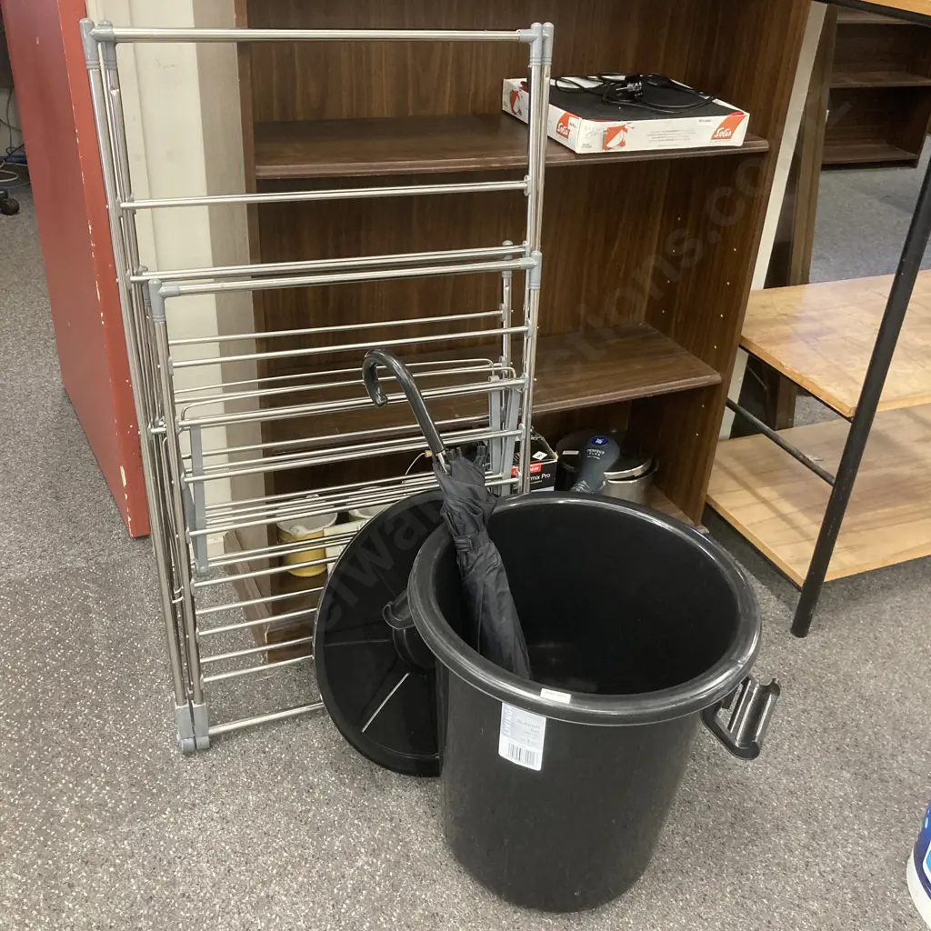 Chrome Clothes Drying Rack, Rubbish Bin With Lid & Umbrella Image 1++