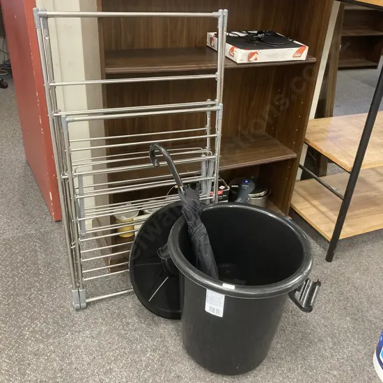 Chrome Clothes Drying Rack, Rubbish Bin With Lid & Umbrella