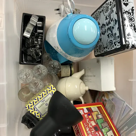 Clear Bin, Clamp Desk lamp, Ice Shaver, Pie Magic, Candle, Games, Teapot Etc