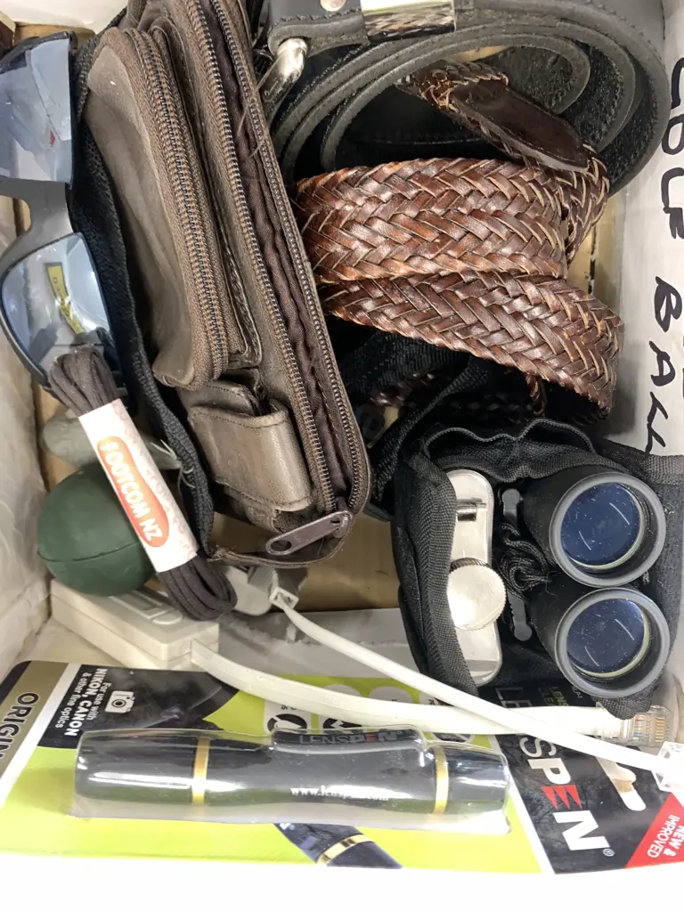 Lot of Belts, Sunglasses, Binoculars, Flask Etc Image 1++