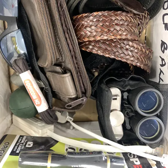 Lot of Belts, Sunglasses, Binoculars, Flask Etc