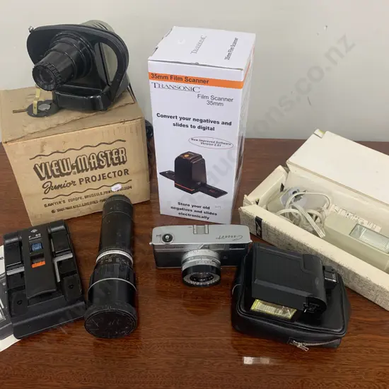 Assortment Of Vintage Items Including View Master, Junior Projector, Flashes, Film Scanner Etc