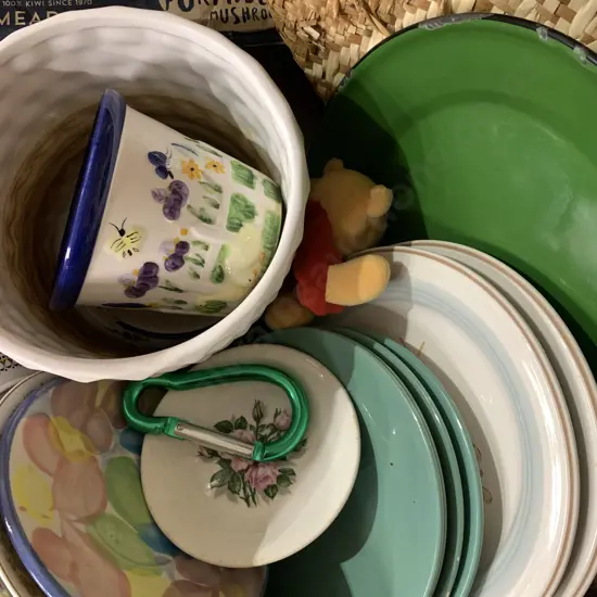 Assorted China Items Including Crown Lynn, Planter Pots Soft Toy Etc