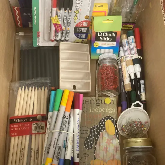 Box Lot Stationery, Pens, Pencils, Chalks Etc