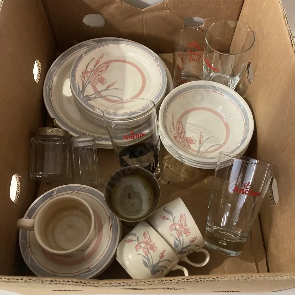 Box lot English Dinner Set & Vintage Anchor Dairy Products Glasses, Etc Image 1++