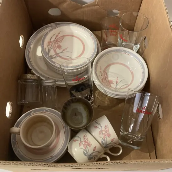 Box lot English Dinner Set & Vintage Anchor Dairy Products Glasses, Etc
