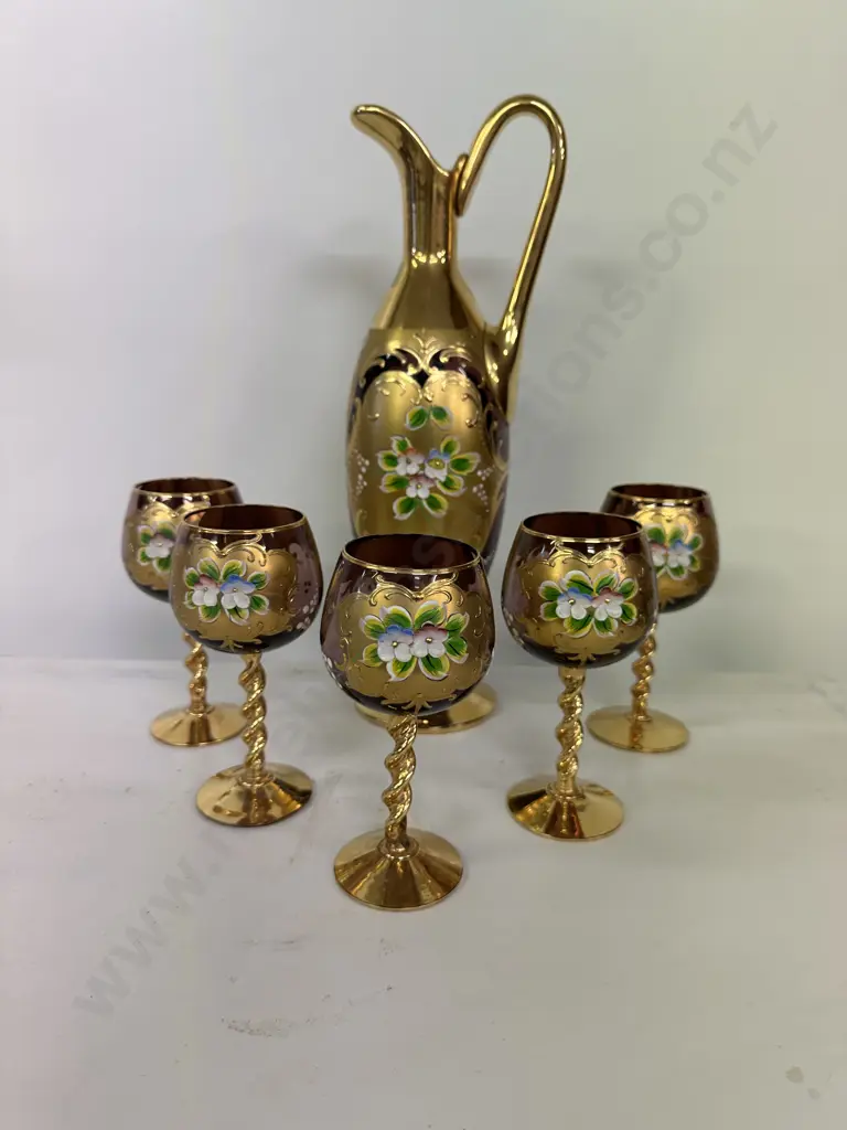 Venetian Glass Handpainted Carafe & Five Goblets Image 1++