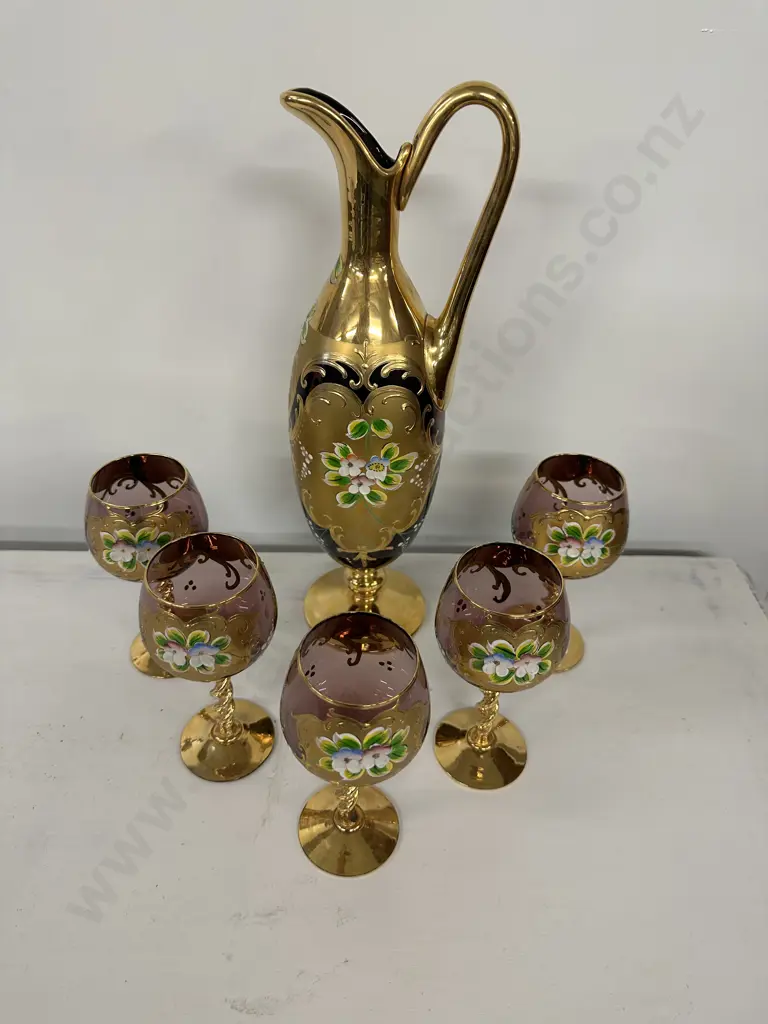 Venetian Glass Handpainted Carafe & Five Goblets Image 1++