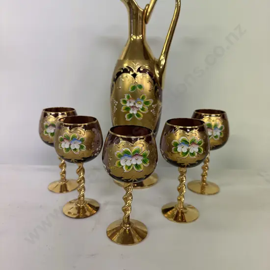 Venetian Glass Handpainted Carafe & Five Goblets