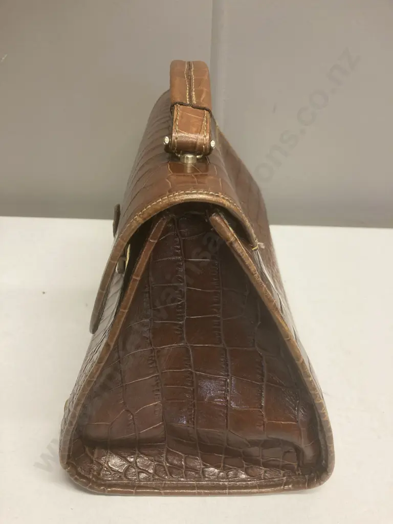 Vintage Oroton Brown Crocodile Embossed Leather Handbag With Detachable Shoulder Strap Image 1++