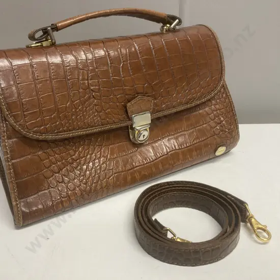 Vintage Oroton Brown Crocodile Embossed Leather Handbag With Detachable Shoulder Strap
