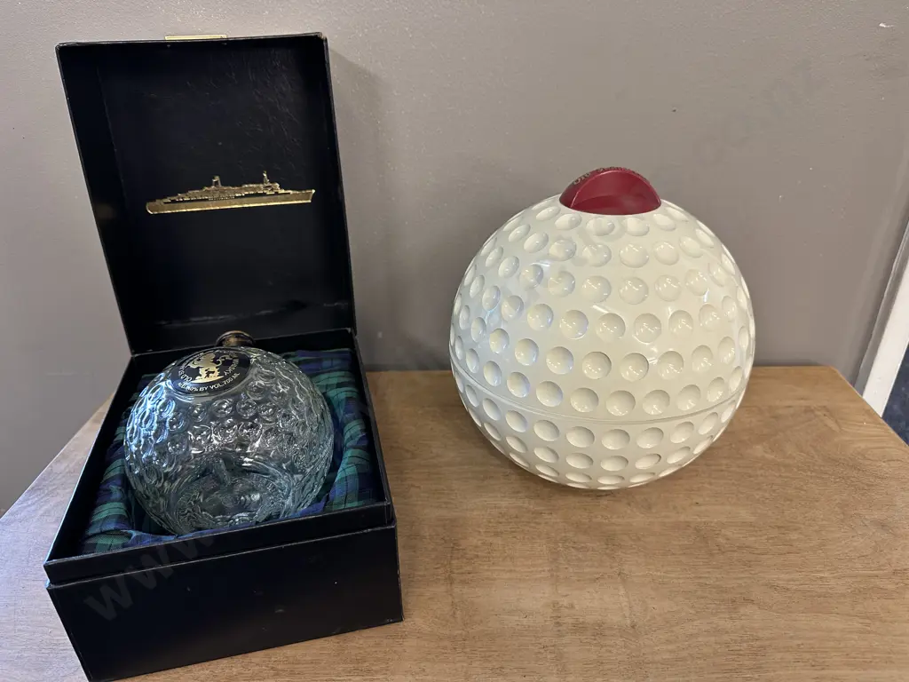 Vintage Old St Andrews Scotch Whisky Golf Ball Ice Bucket & Whisky Dimple Bottle In Case Image 1++