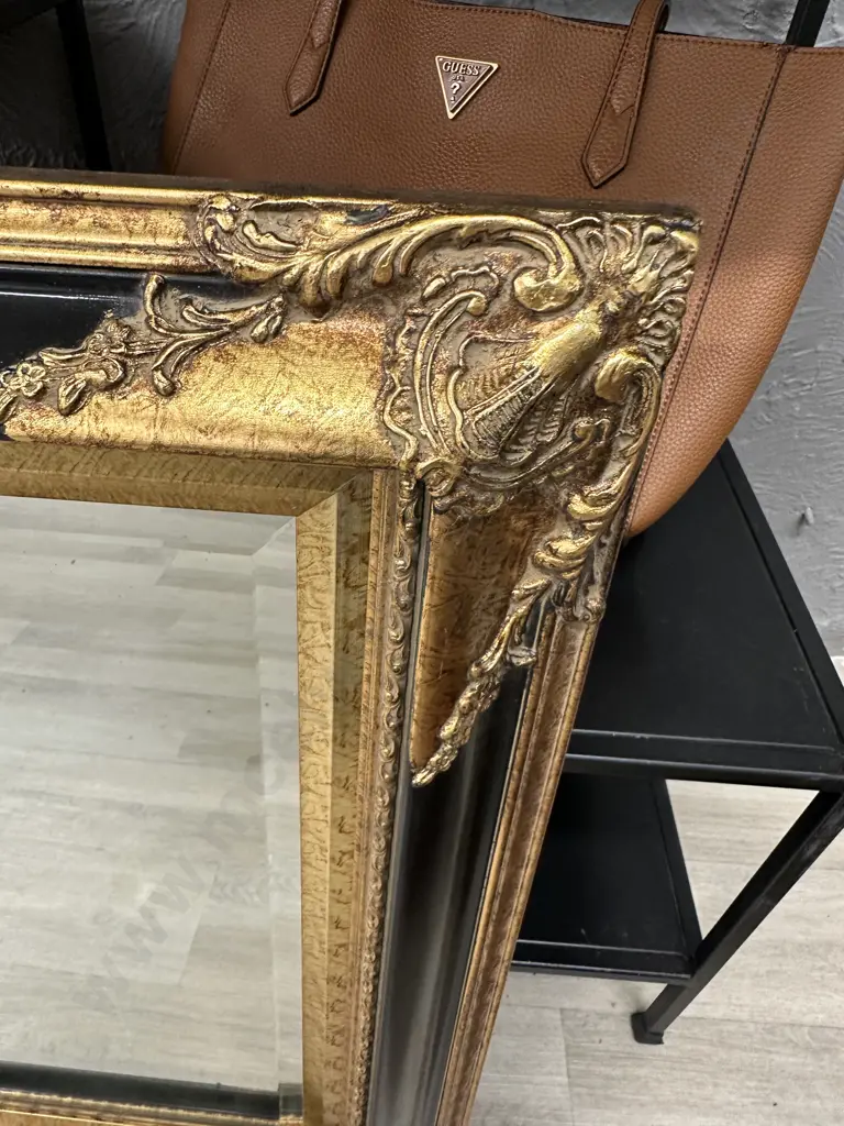 Antique Look Ornate Gilt & Black Framed Bevelled Edge Mirror, 70 x 95cm Image 1++