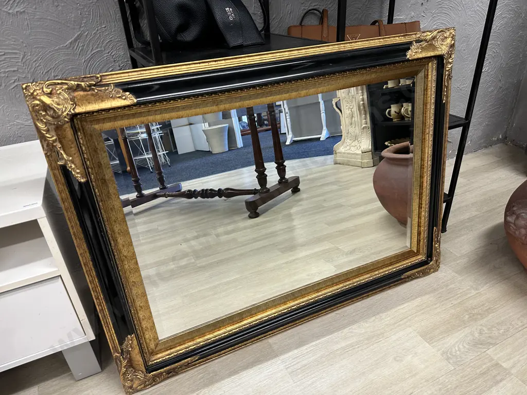 Antique Look Ornate Gilt & Black Framed Bevelled Edge Mirror, 70 x 95cm Image 1++