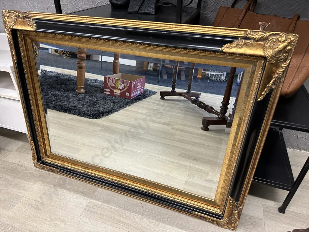 Antique Look Ornate Gilt & Black Framed Bevelled Edge Mirror, 70 x 95cm Image 1++