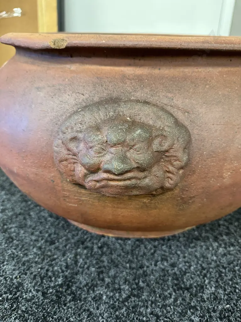 Large Round Terracotta Pot With Classical Figural Handles, 33 x 70cm Image 1++