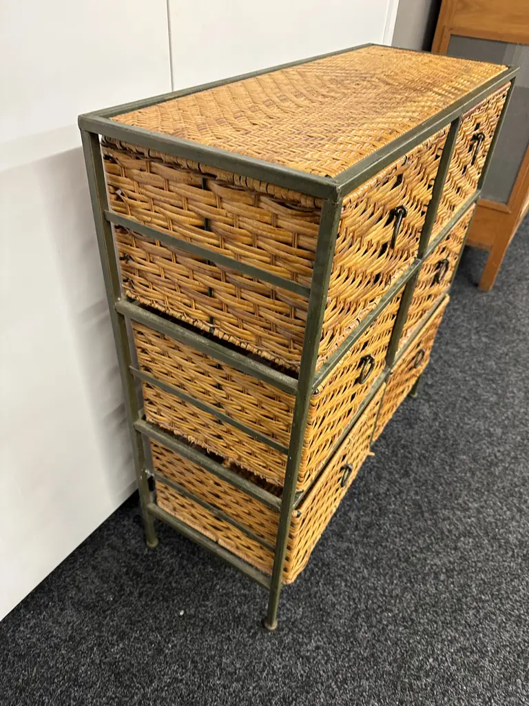 Green Steel Framed 6 Wicker Drawer Unit, Wrought Handles, H79 W72 D29cm Image 1++