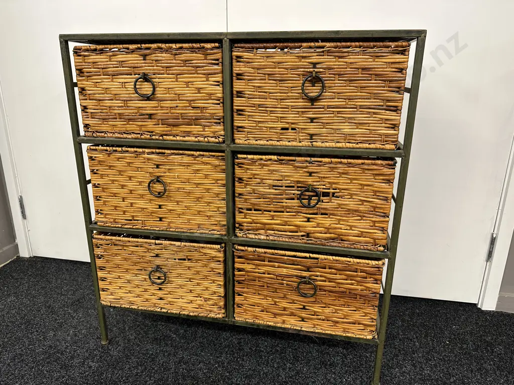 Green Steel Framed 6 Wicker Drawer Unit, Wrought Handles, H79 W72 D29cm Image 1++