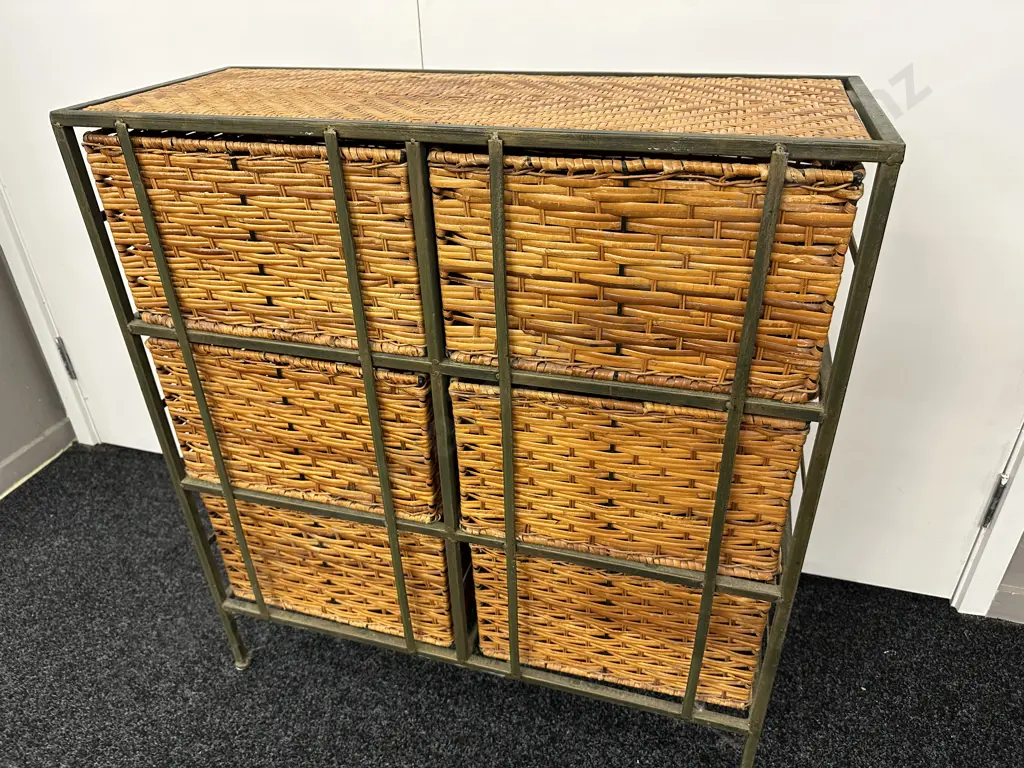 Green Steel Framed 6 Wicker Drawer Unit, Wrought Handles, H79 W72 D29cm Image 1++