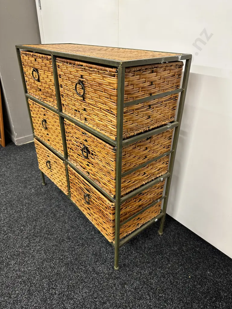 Green Steel Framed 6 Wicker Drawer Unit, Wrought Handles, H79 W72 D29cm Image 1++