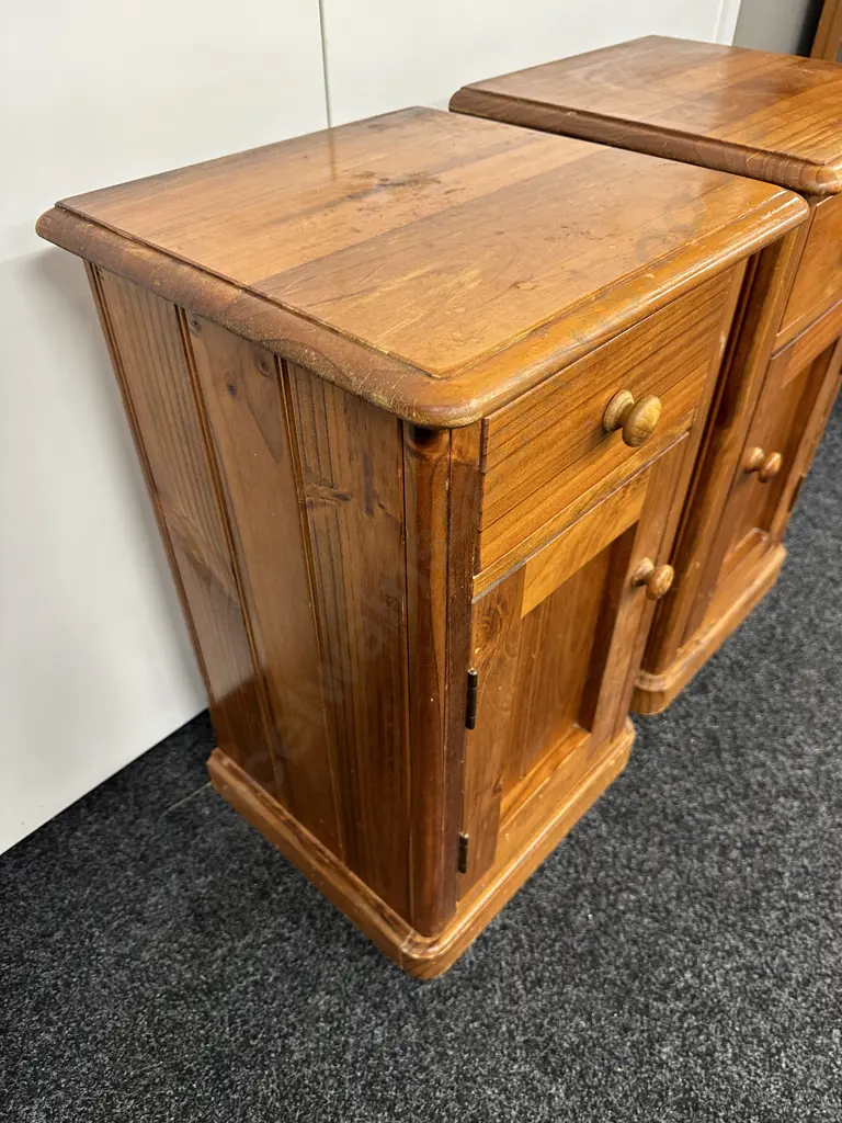 Pair of Baltic Pine Bedsides, Knob Handles, Single Door & Drawer, T&G Sides & Back, H69 W40 D38cm Image 1++