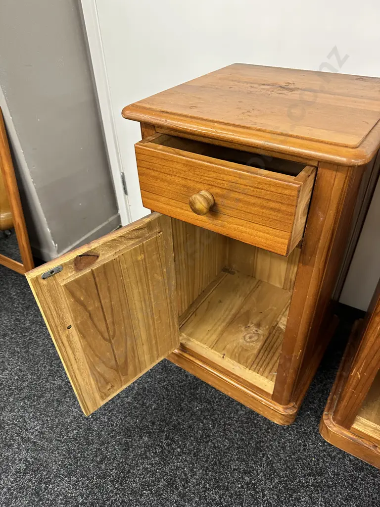 Pair of Baltic Pine Bedsides, Knob Handles, Single Door & Drawer, T&G Sides & Back, H69 W40 D38cm Image 1++