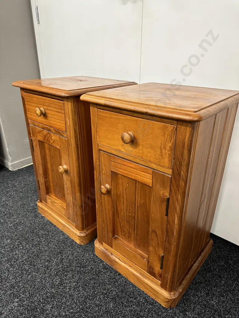 Pair of Baltic Pine Bedsides, Knob Handles, Single Door & Drawer, T&G Sides & Back, H69 W40 D38cm Image 1++