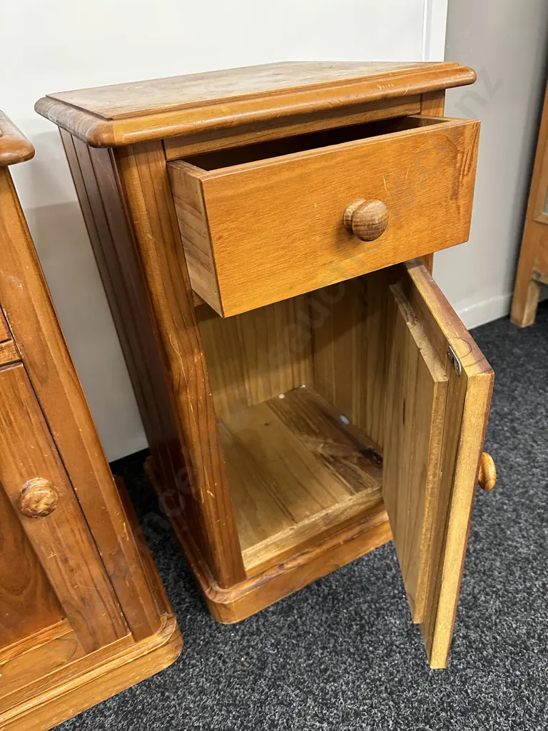 Pair of Baltic Pine Bedsides, Knob Handles, Single Door & Drawer, T&G Sides & Back, H69 W40 D38cm Image 1++