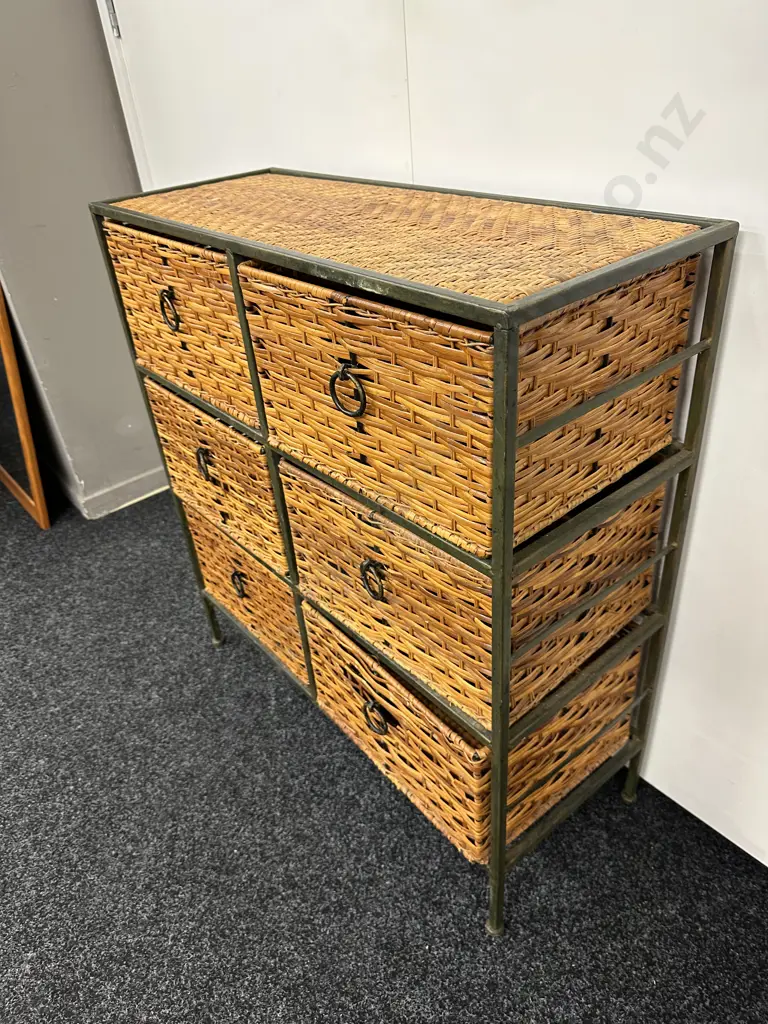 Green Steel Framed 6 Wicker Drawer Unit, Wrought Handles, H79 W72 D29cm Image 1++