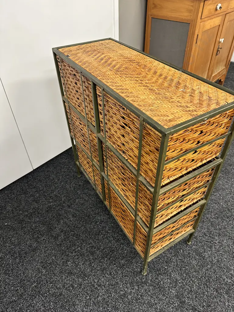 Green Steel Framed 6 Wicker Drawer Unit, Wrought Handles, H79 W72 D29cm Image 1++
