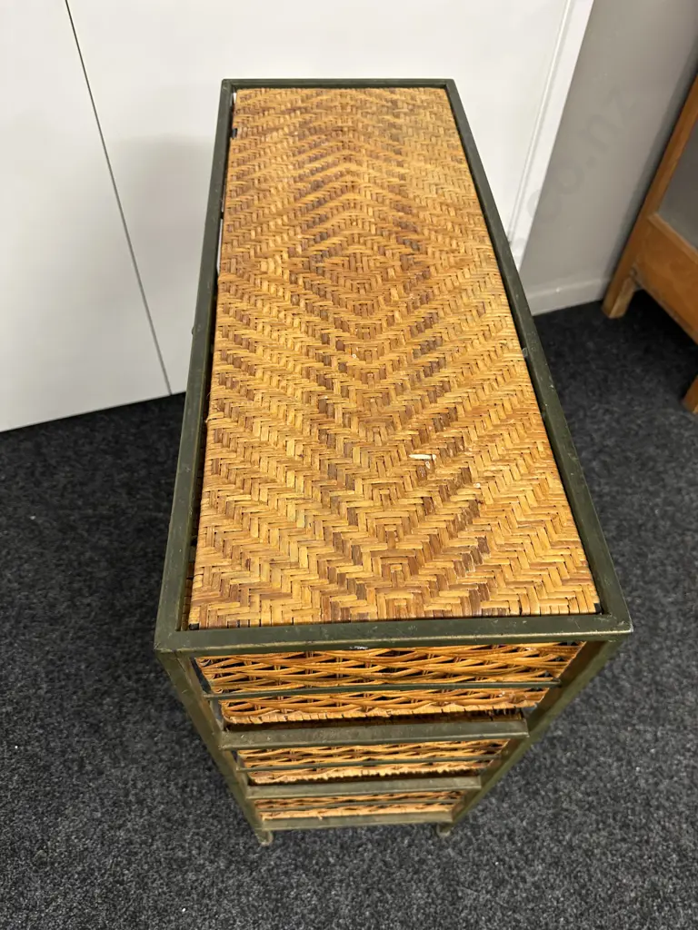 Green Steel Framed 6 Wicker Drawer Unit, Wrought Handles, H79 W72 D29cm Image 1++