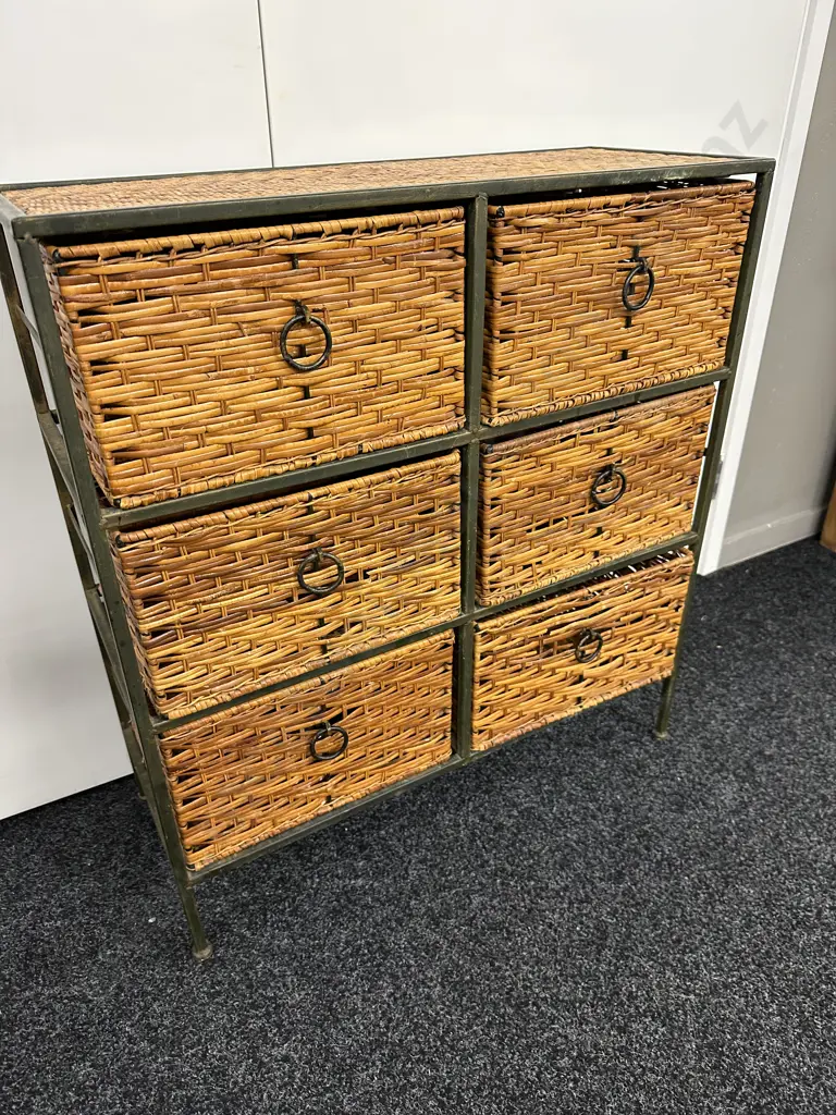 Green Steel Framed 6 Wicker Drawer Unit, Wrought Handles, H79 W72 D29cm Image 1++