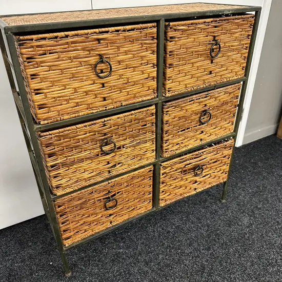 Green Steel Framed 6 Wicker Drawer Unit, Wrought Handles, H79 W72 D29cm