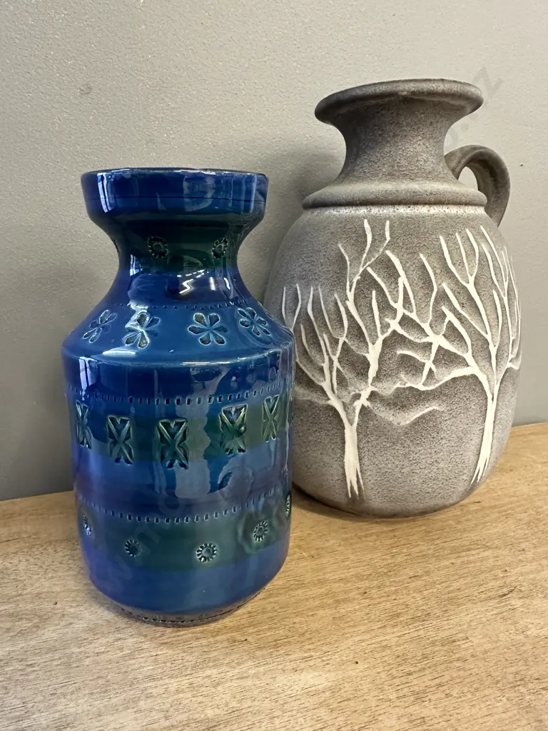 Vintage Aldo Londi for Bitossi Vase in Rimini Blue Glaze, H20cm, Scheurich Jug Vase 406-25 West German Pottery, H25cm Image 1++
