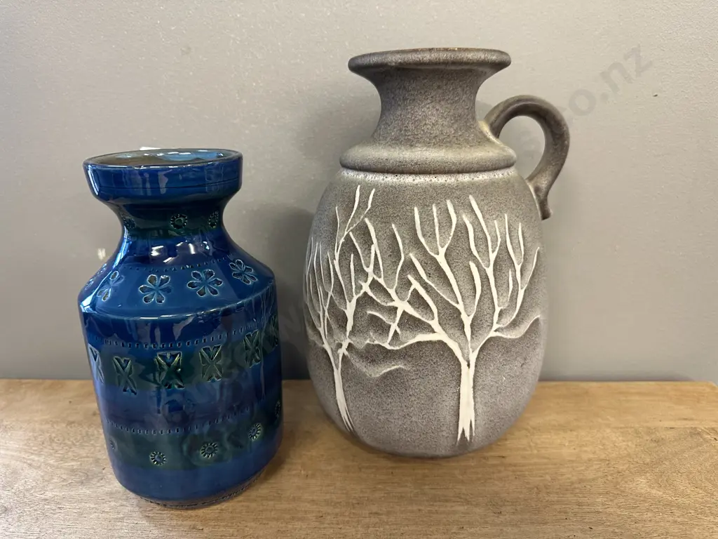 Vintage Aldo Londi for Bitossi Vase in Rimini Blue Glaze, H20cm, Scheurich Jug Vase 406-25 West German Pottery, H25cm Image 1++