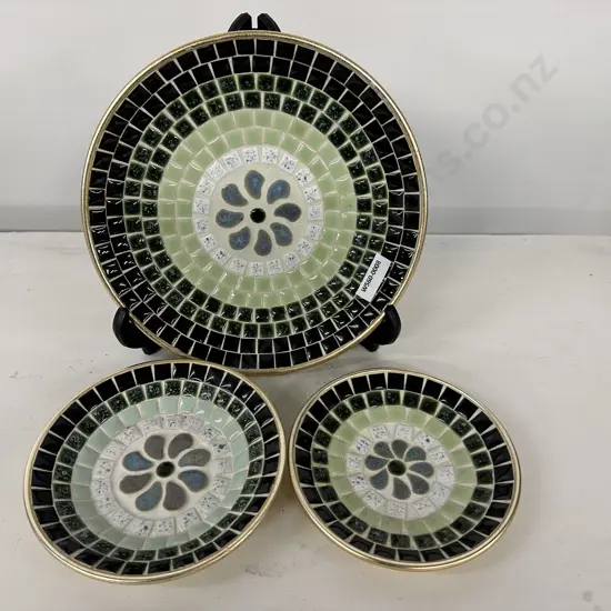 3 x Vintage Mosaic Dishes (Possibly John Crichton), 13cm to 21cm