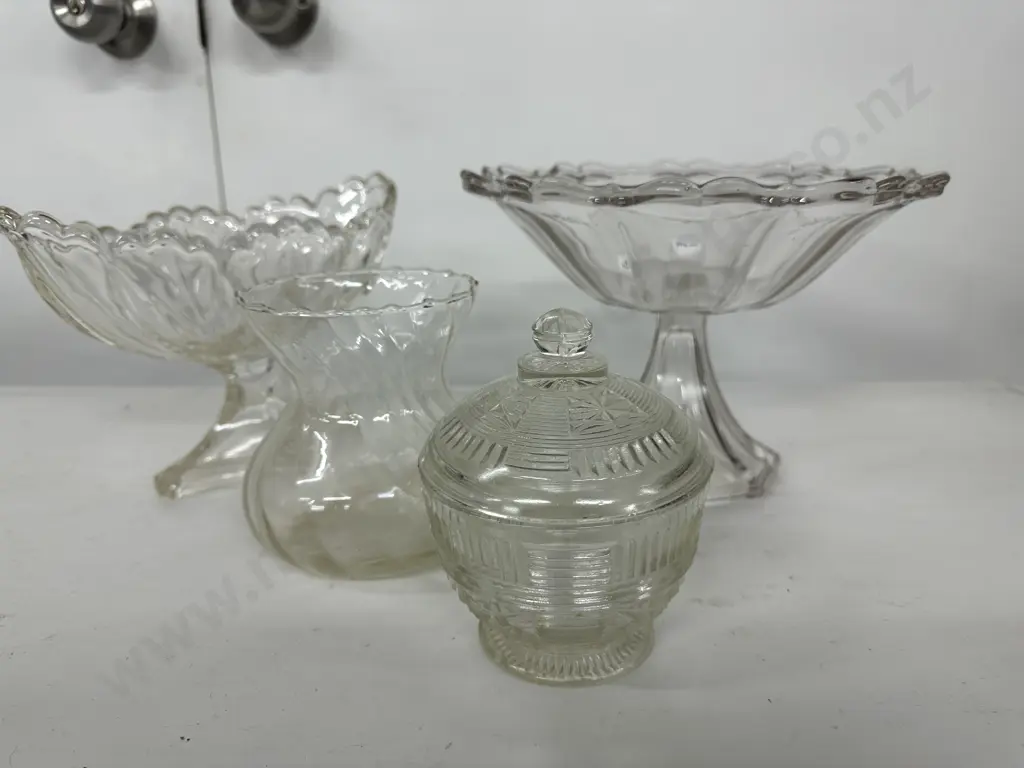 1920's Pressed Glass Stem Bowls x 2 With 2 Other Glass Items Image 1++